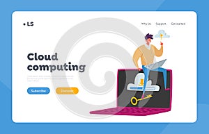Computing Technology Landing Page Template. Tiny Male Character Sit on Huge Laptop with Cloud and Key on Screen