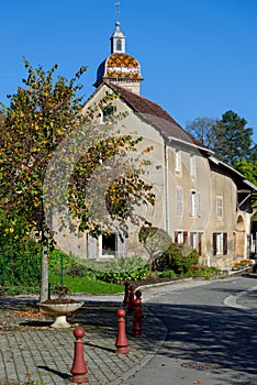 Comtois church tower in a village of France-Comté in France