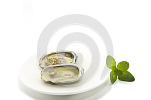 Con carambolo traditional raw Mexican sea food composed of sea oysters, chile, lemon, salt and mint, freshness and citrus flavor