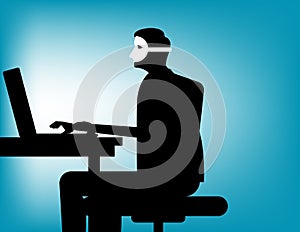 Conceal. Man wearing mask play computer. Concept business vector illustration