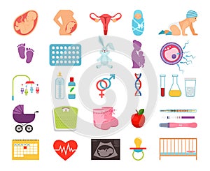 Conceiving child and pregnancy, prenatal childbearing birth, motherhood flat vector icons