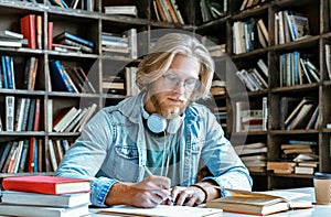 Concentrated bearded young man glasses sit library write essay education concept