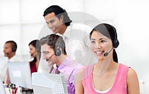 Concentrated business people with headset on