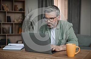 Concentrated caucasian senior man with beard in glasses looks at laptop, got video call in living room interior