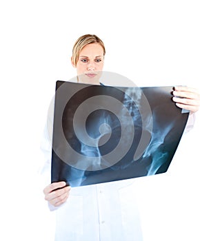 Concentrated female doctor looking at a x-ray