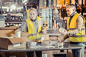 Concentrated female helping her partner during work