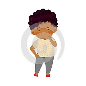 Concentrated Little Boy with Finger on His Chin Thinking About Something Vector Illustration