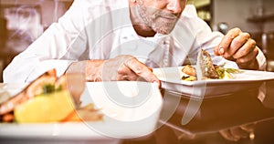 Concentrated male chef garnishing food in kitchen