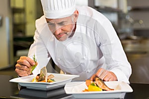 Concentrated male chef garnishing food in kitchen photo