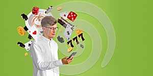 Concentrated man with smartphone and online casino icons