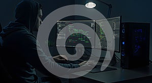 Hacker or Programmer Working on Multiple Screens in Dark Room