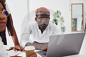 Concentrated at project by using laptop. Group of african american business people working in office together