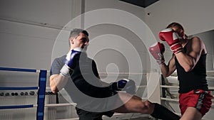 Concentrated sportsmen fighting at boxing ring