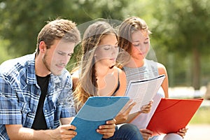 Concentrated students memorizing in a campus park