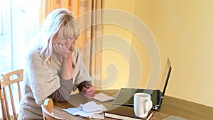 Concentrated woman doing her accounts using a laptop