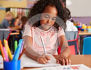 Concentrating Female Elementary School Pupils Working At Desk