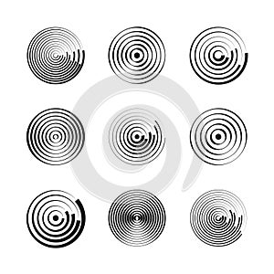 Concentric circles abstract geometric vector patterns. Circular shapes and round waves. Rings with radial lines