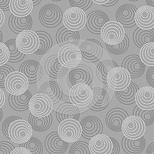 Concentric circles with dotted outline in two colors. Seamless geometric pattern on gray background. Vector colorless image