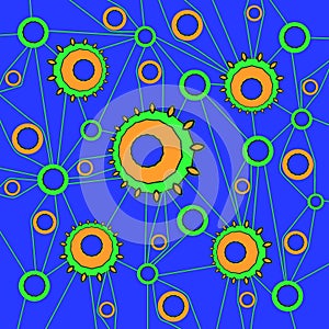 Concentric circles pattern blue orange green connected with green lines