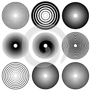 Concentric circles, radial lines patterns. Monochrome abstract