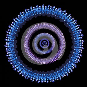 Concentric circular patterns composed of pixelated blocks in shades of blue and