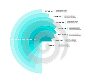 Concentric infographics diagram step by step in a series of circle. Element of chart, graph, diagram with 7 options