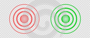 Concentric red and green signs. Pain and healing points. Hurt and painkilling symbols. Round localization icons. Radar