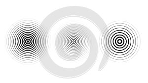 Concentric ripple circles set. Sonar or sound wave rings collection. Epicentre, target, radar icon concept. Radial