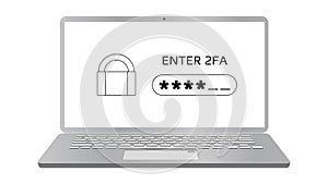 Concept of 2FA two-factor authentication on laptop screen isolated on white.