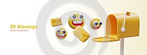 Concept of 3d message. Open mailbox in yellow color, emoticon with big smile and flying envelope