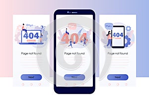 Concept 404 Error Page. Screen template for mobile smart phone.Flat cartoon style. Vector illustration