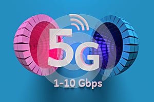 Concept of 5G technology with large pink blue spheres
