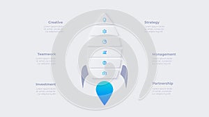 Concept of 6 steps to start work project. Infographic design template. Neumorphic rocket illustration