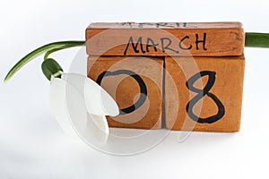 Concept of 8 martch with snowdrop, number and month. Women\'s Day