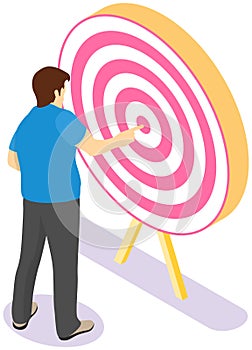 Concept of achieving goal or success. Man is standing near target points to center of circle