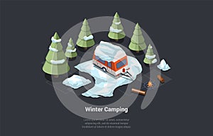 Concept Of Adventures, Hiking, Camping, Family Traveling And Winter Vacations. Camping Trailer Parked At RV Parking
