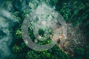 Concept Aerial view of forest with human fingerprint in deforestation impacting biodiversity