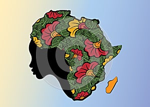Concept of African woman, face profile silhouette with turban in the shape of a map of Africa. Colorful Afro print fabric, tribal