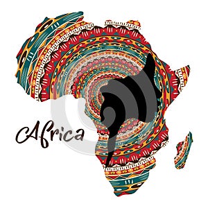 Concept of African woman, face profile silhouette with turban in the shape of a map of Africa. Colorful Afro print tribal logo