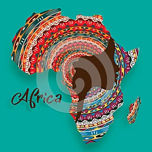 Concept of African woman, face profile silhouette with turban in the shape of a map of Africa. Colorful Afro print tribal logo