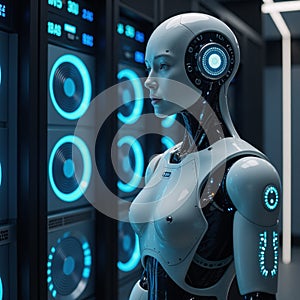 An AI android learns and grows powered by blue neonglowing servers