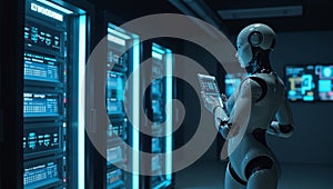 An AI android learns and grows powered by blue neonglowing servers