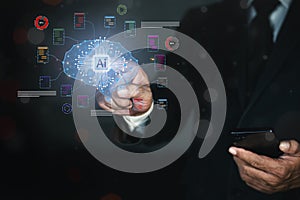 Concept of AI (Artificial intelligence). Businessman touching on screen digital brain.