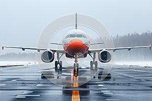 Concept Air travel, Airport scenes, Takeoff Airplane Waiting for Takeoff on Misty Runway