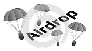 Concept Airdrop coins on parachutes and big isometric text isolated on white background. Blank coins with copy space for token