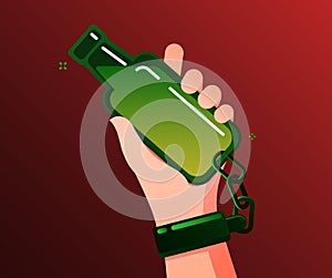 Concept of alcohol addicted. Alcoholic addicted holds and is chained to the bottle.