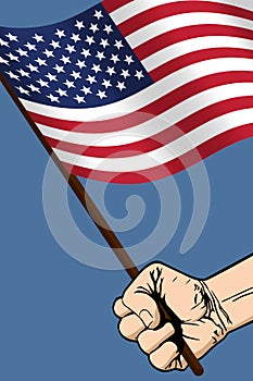 The concept of American national holidays. The hand holds the flag of America. Memorial Day, Veterans Day, President\'s Day