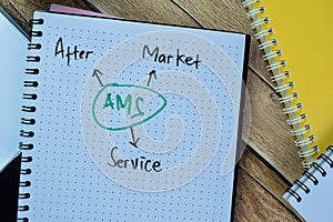 Concept of AMS - After Market Service write on book isolated on Wooden Table photo