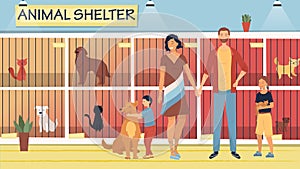 Concept Of Animal Shelter for Stray Pets. Kind People Help Homeless Animals. Family Adopting Dog And Cat From Shelter