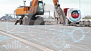 The concept of applying future technologies and artificial intelligence in the construction of a highway. Excavator operation with